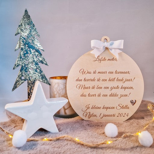 Houten nieuwjaarsbrief "Kerstbal"