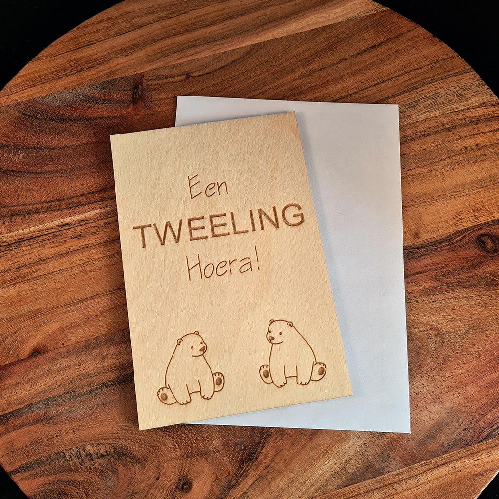 Houten wenskaart "Een tweeling"