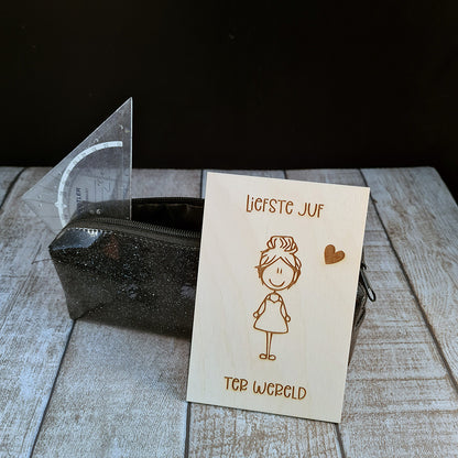 Houten wenskaart "Liefste juf ter wereld"