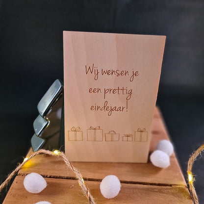 Houten wenskaart "Prettig eindejaar"
