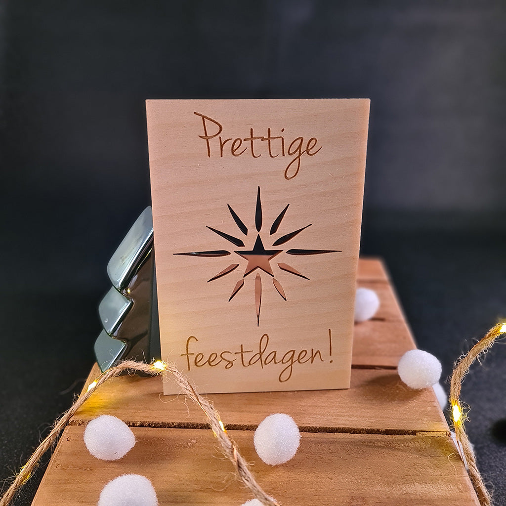 Houten wenskaart  "Prettige feestdagen - ster"