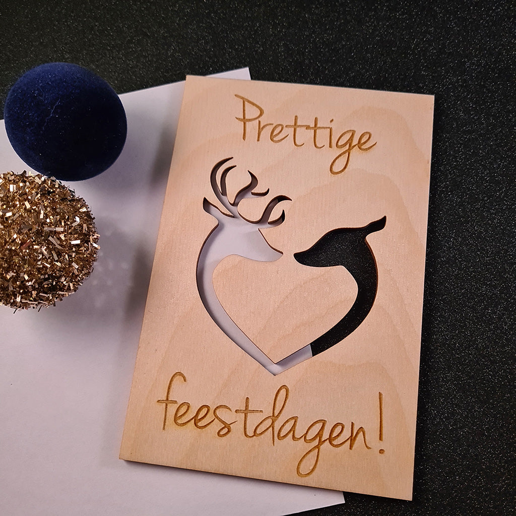 Houten wenskaart "Prettige feestdagen - rendier"