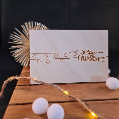 Houten wenskaart "Merry Christmas - lampjes"