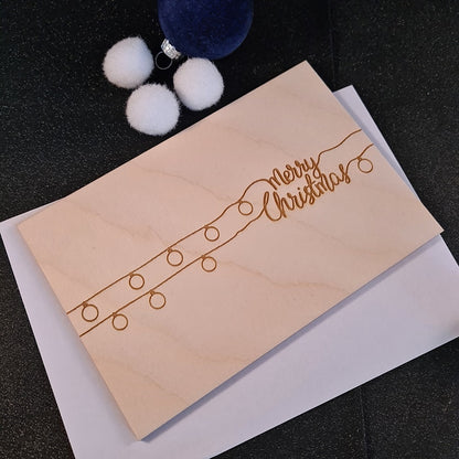 Houten wenskaart "Merry Christmas - lampjes"