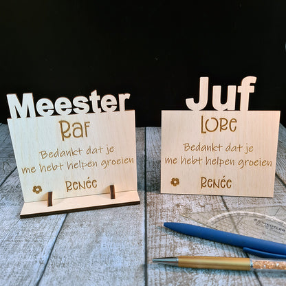 Houten bord "Juf of Meester"